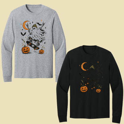 Halloween Skater Ghost Rock On T-Shirt, Skateboarding Skeleton Crescent Moon Pumpkins Bats Tee