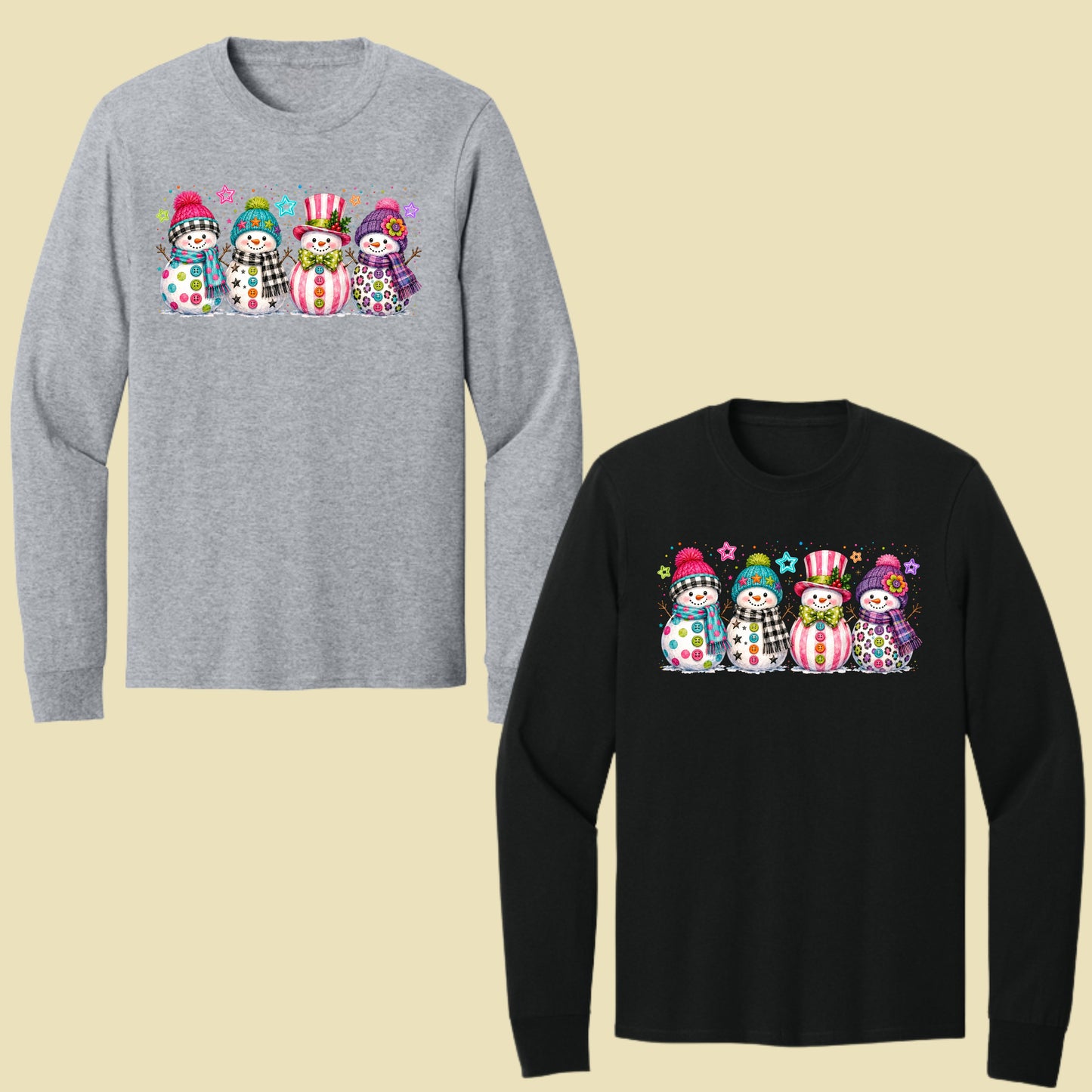 Christmas Colorful Snowmen T-Shirt, Cute Winter Snowman Beanies Scarves Holiday Tee