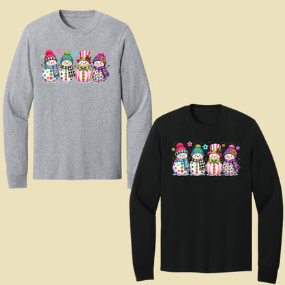 Christmas Colorful Snowmen T-Shirt, Cute Winter Snowman Beanies Scarves Holiday Tee