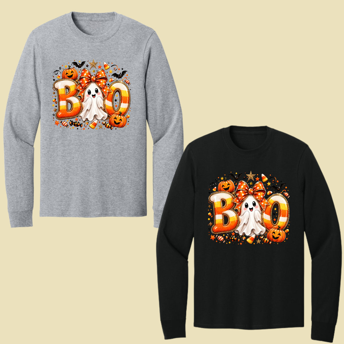 Halloween Boo Ghost Orange Bow T-Shirt, Candy Corn Pumpkin Spooky Season Tee