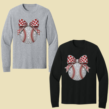 Coquette Baseball Sparkle T-Shirt, Red Checkered Bow Sports Mom Girl Tee