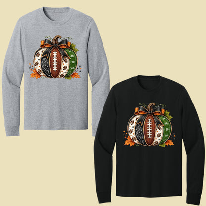 Football Pumpkin Bow Fall T-Shirt, Game Day Football Field Patchwork Autumn Tee