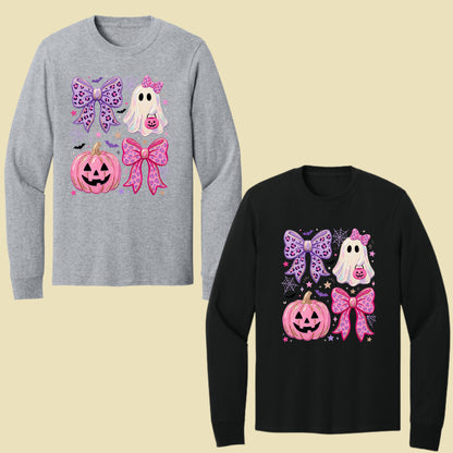 Coquette Halloween Ghost Pink Pumpkin Leopard Bow T-Shirt, Spooky Cute Tee