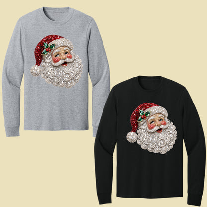 Christmas Santa Claus Vintage T-Shirt, Bejeweled Rhinestone Santa Head Festive Holiday Tee