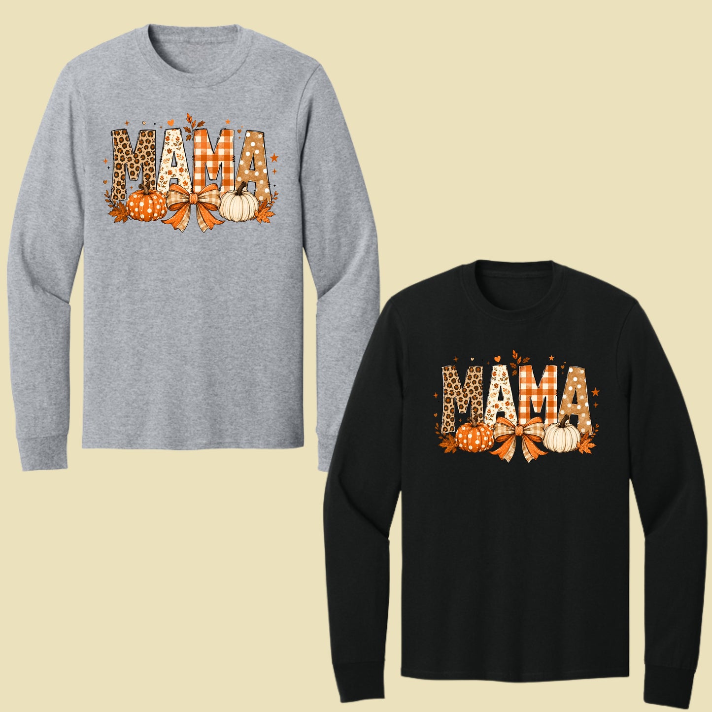 Fall Mama Pumpkin Leopard Plaid T-Shirt, Varsity Letters Autumn Leaves Bow Thanksgiving Mom Tee