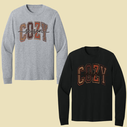 Cozy Season Fall T-Shirt, Distressed Varsity Letters Autumn Neutral Tones Tee