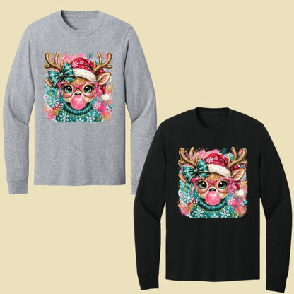 Christmas Reindeer Pink Glasses T-Shirt, Bubblegum Deer Santa Hat Cute Comfort Color Tee