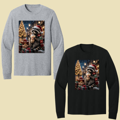 Christmas Raccoon Santa Hat T-Shirt, Coffee Drink Cute Holiday Winter Comfort Color Tee