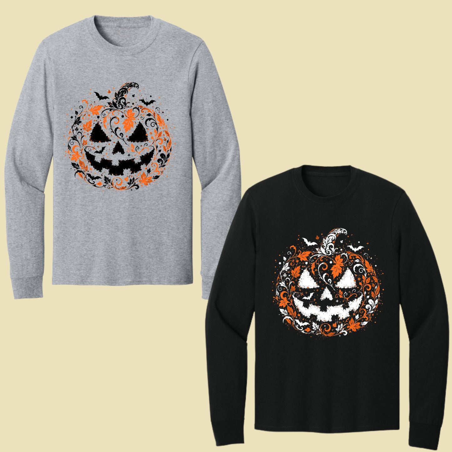 Halloween Pumpkin Face Floral Swirl Gothic T-Shirt, Intricate Spooky Pumpkin Tee