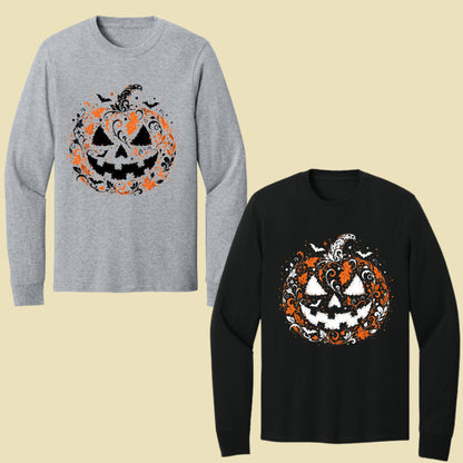 Halloween Pumpkin Face Floral Swirl Gothic T-Shirt, Intricate Spooky Pumpkin Tee