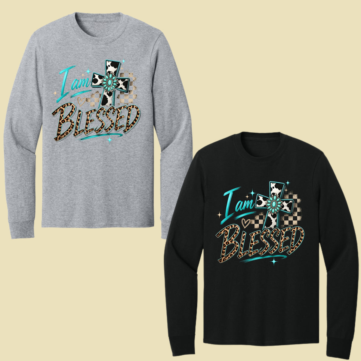 I Am Blessed Western Cross Cow Print T-Shirt, Turquoise Leopard Faith Tee