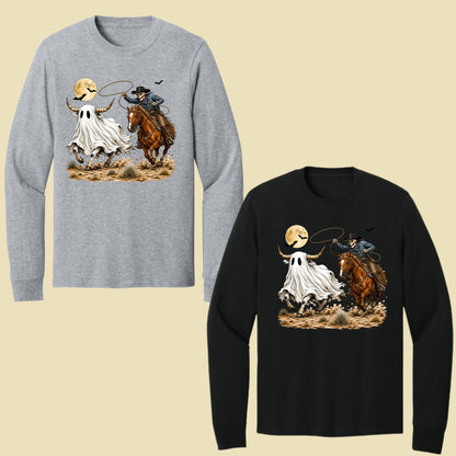 Halloween Skeleton Cowboy Ghost T-Shirt, Western Rodeo Bull Lasso Spooky Tee