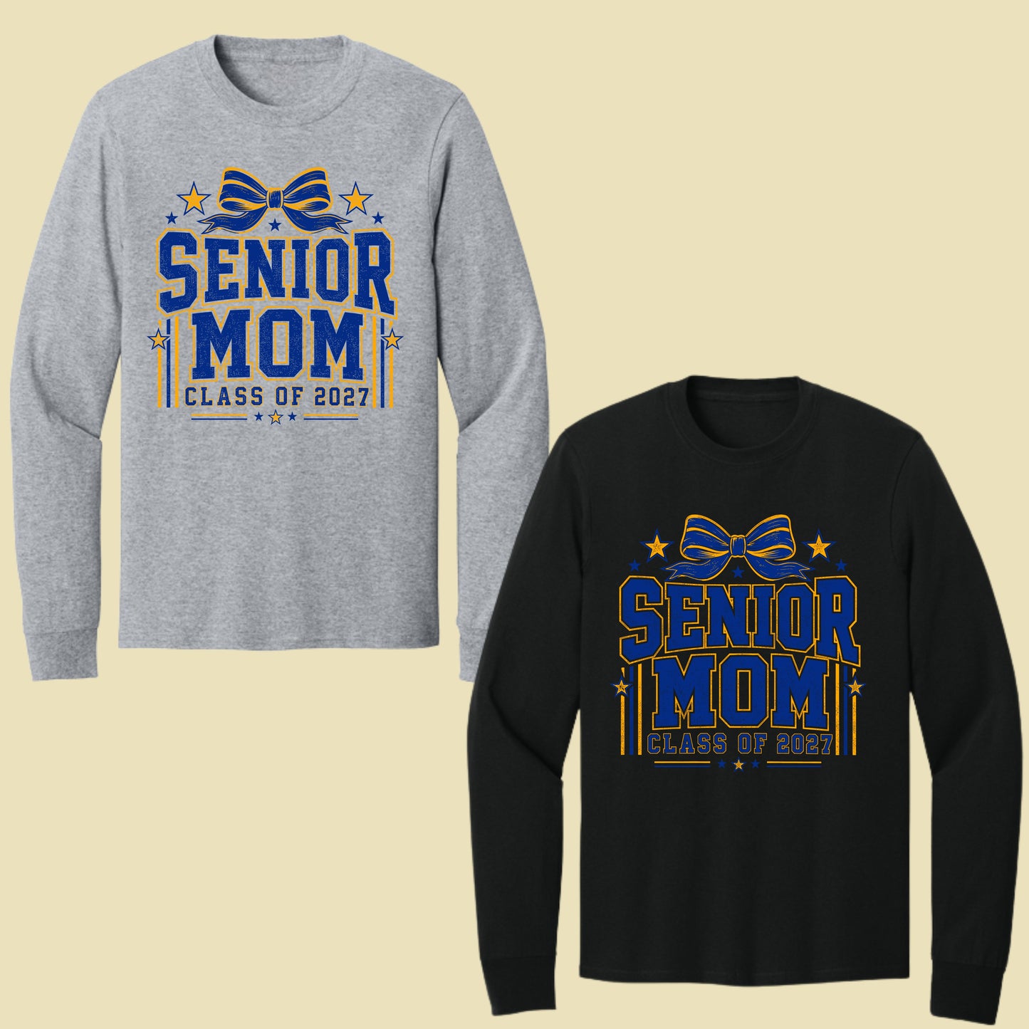 Senior Mom 2027 Royal Blue Yellow Cheer Bow T-Shirt, Varsity Graduation Mother Tee
