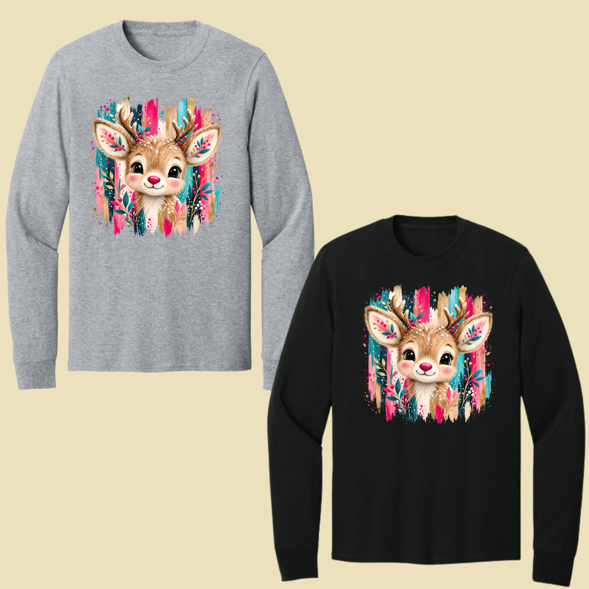 Cute Christmas Reindeer Floral Antlers T-Shirt, Pink Teal Gold Holiday Tee