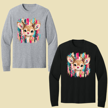 Cute Christmas Reindeer Floral Antlers T-Shirt, Pink Teal Gold Holiday Tee