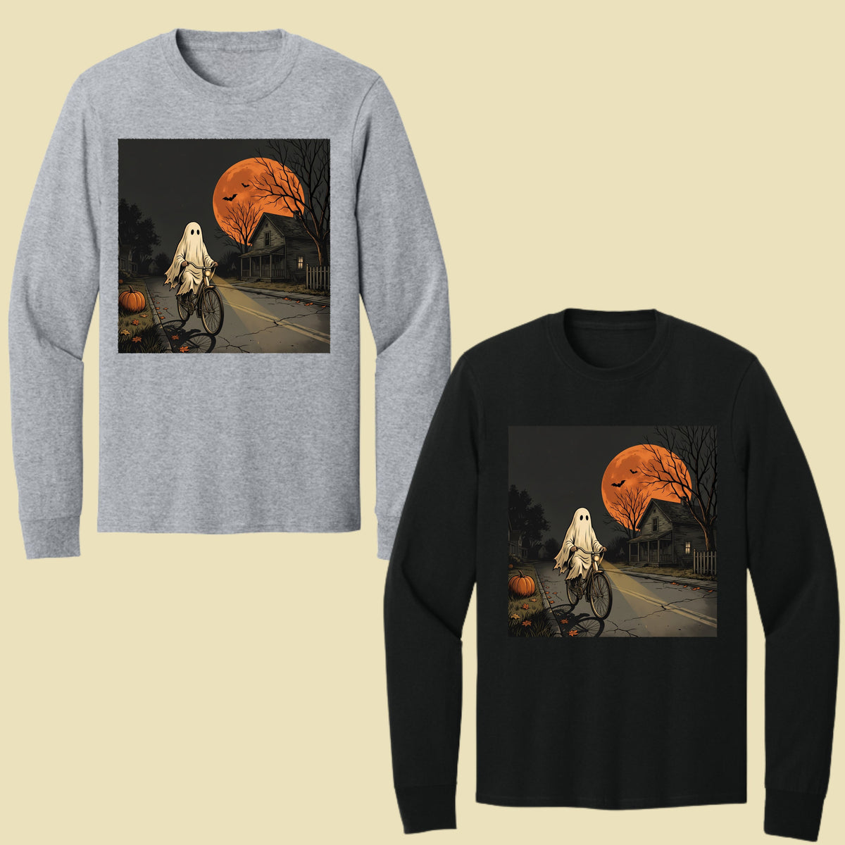 Ghost Riding Bike Halloween T-Shirt, Haunted House Orange Harvest Moon Tee Sweatshirt