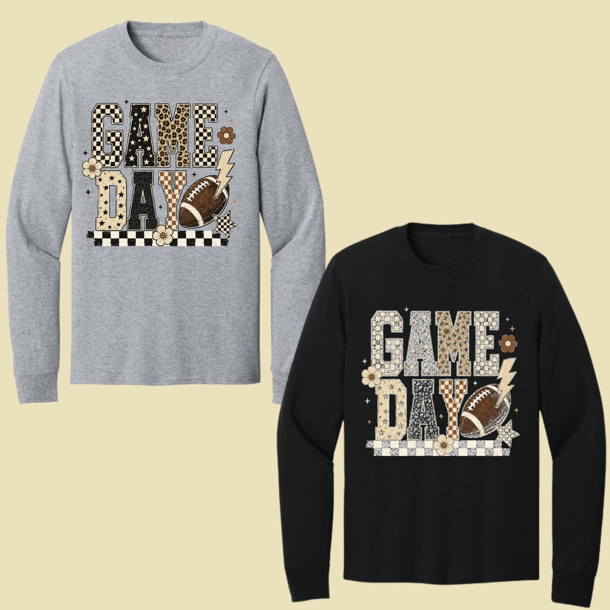 Game Day Leopard Football T-Shirt, Checkered Lightning Bolt Retro Western Tee Sweatshirt