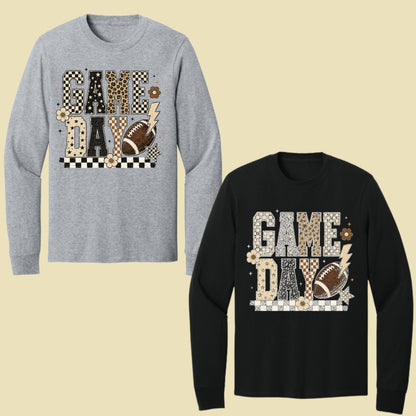 Game Day Leopard Football T-Shirt, Checkered Lightning Bolt Retro Western Tee Sweatshirt
