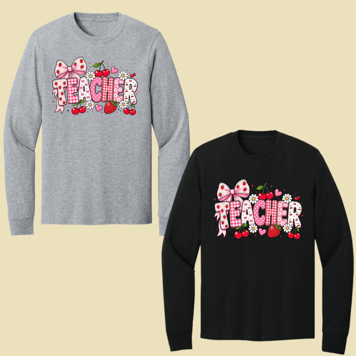 Teacher Coquette Pink T-Shirt, Strawberries Cherries Bow School Educator Tee