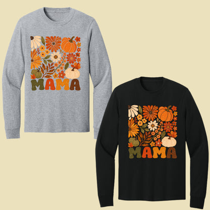 Mama Fall Floral Pumpkins T-Shirt, Retro Groovy Autumn Flowers Thanksgiving Comfort Color Tee