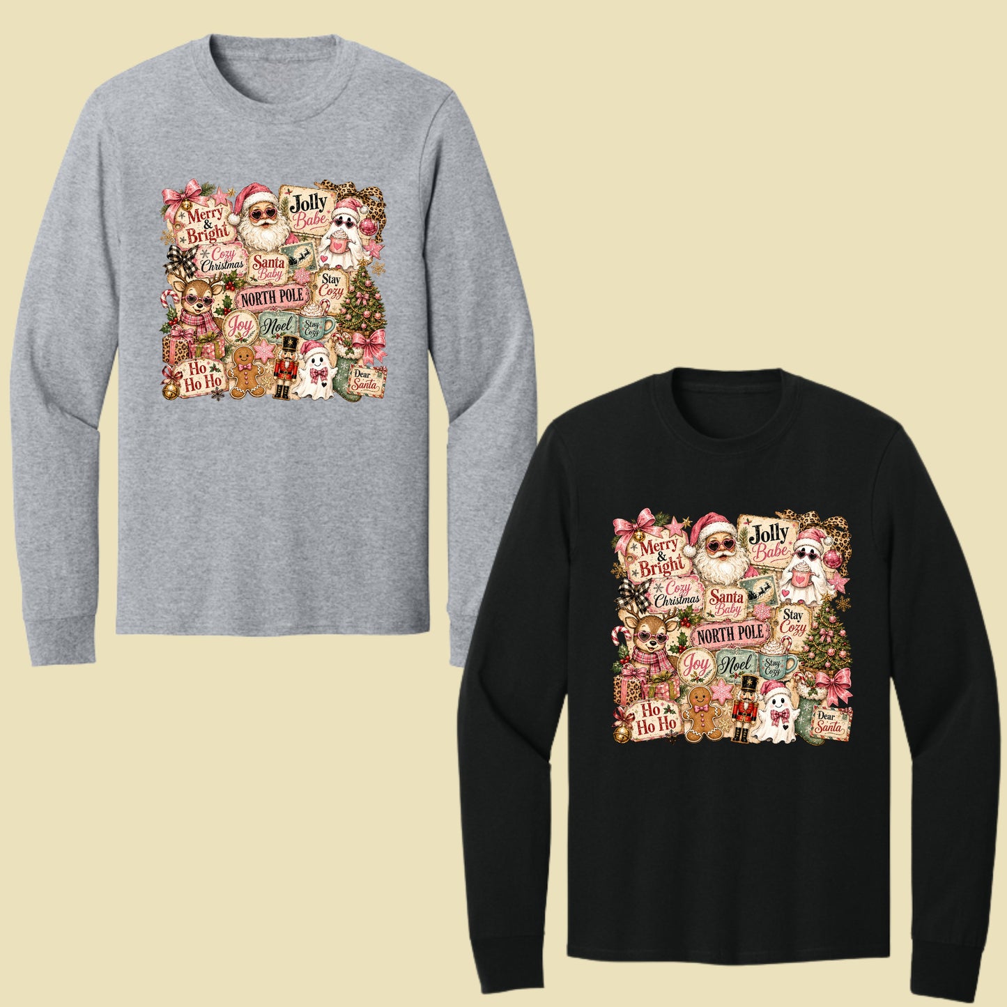 Cozy Pink Christmas Collage T-Shirt, Santa Reindeer Gingerbread Nutcracker North Pole Holiday Tee