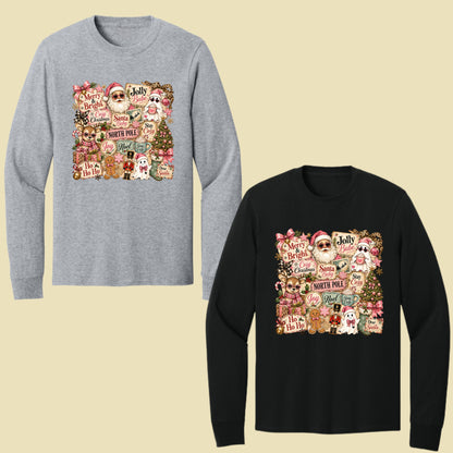 Cozy Pink Christmas Collage T-Shirt, Santa Reindeer Gingerbread Nutcracker North Pole Holiday Tee