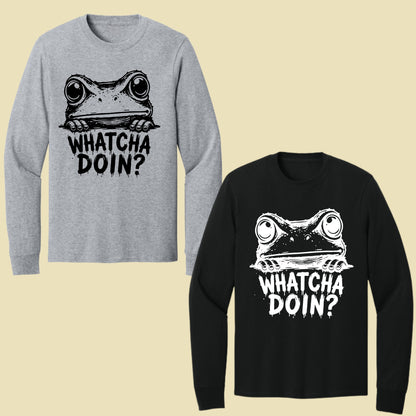Whatcha Doin Frog Funny Peeking T-Shirt, Black White Cute Frog Tee