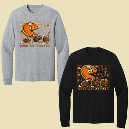 Funny Thanksgiving Pacman Pumpkin Pie T-Shirt, Chasing Turkeys Maze Video Game Tee