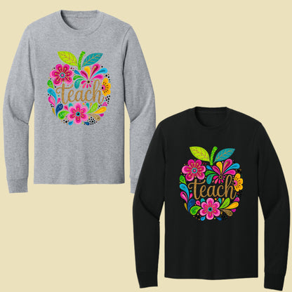 Teacher Teach Floral Apple T-Shirt, Colorful Back to School Teacher Life Tee