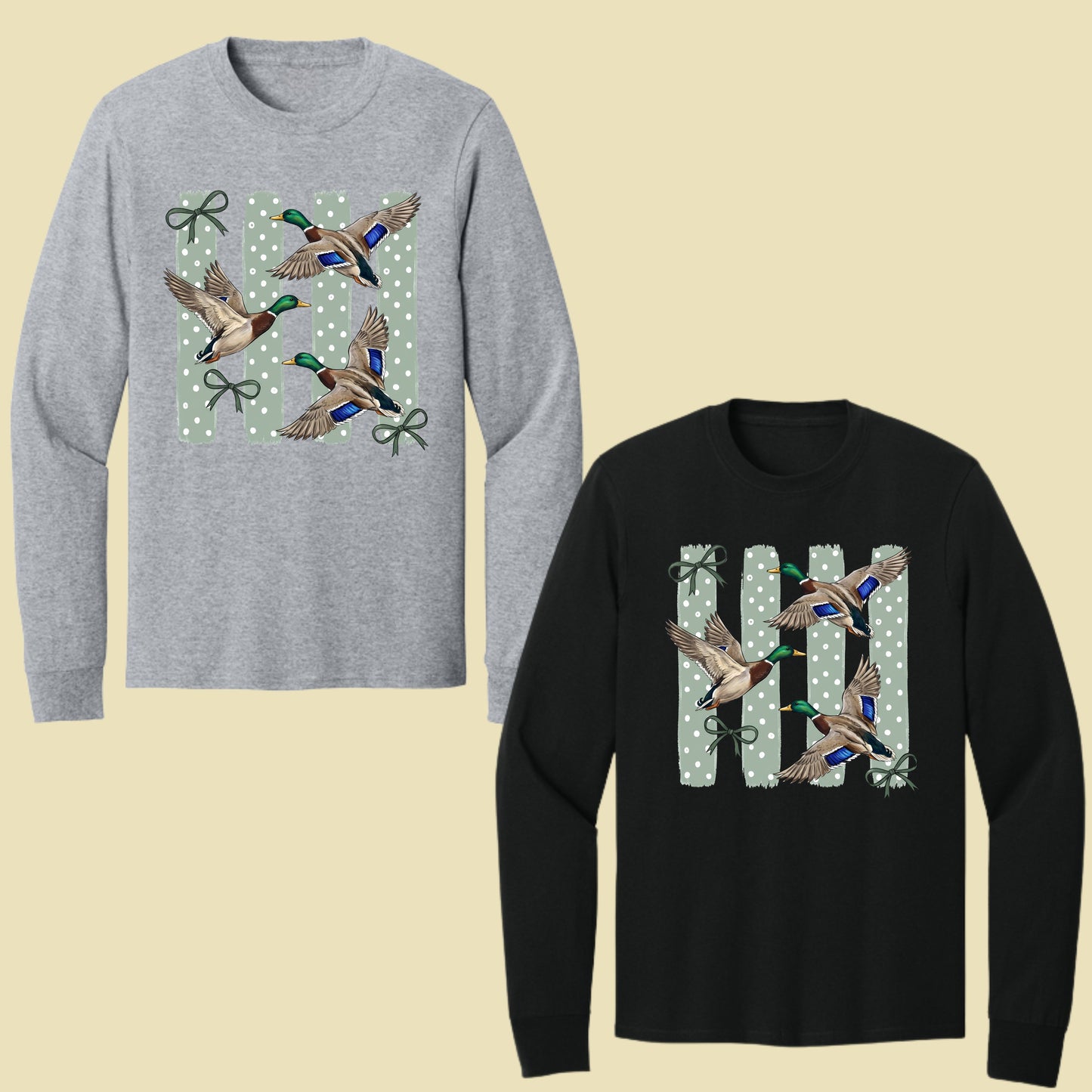 Flying Mallard Ducks Vintage T-Shirt, Green Bows Polka Dot Coquette Hunting Tee