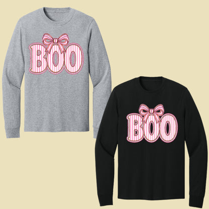 Boo Coquette Pink Bow Halloween T-Shirt, Striped Ribbon Cute Spooky Season Tee