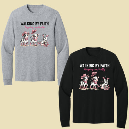 Funny Western Cow Walking by Faith T-Shirt, Pink Cowboy Boots Christian Humor Tee