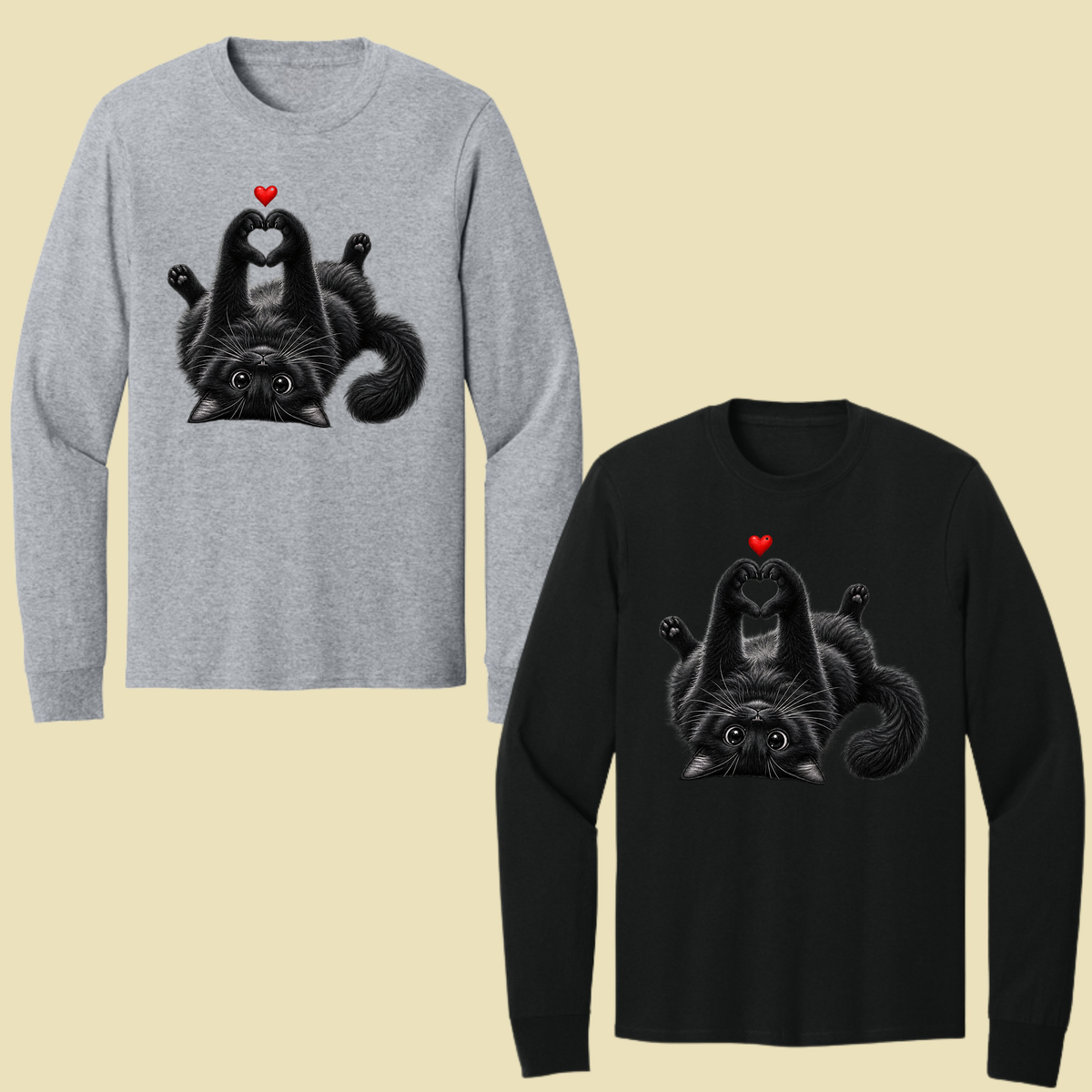 Black Cat Heart Hands T-Shirt, Cute Kitty Kitten Lover Heart Paws Love Tee