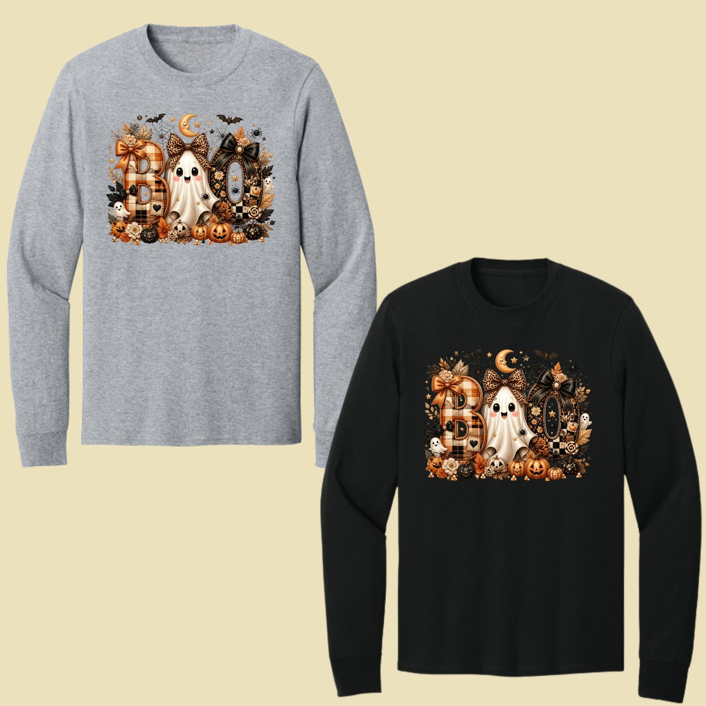 Halloween Boo Ghost T-Shirt, Cute Bows Orange Plaid Leopard Spooky Season Comfort Color Tee