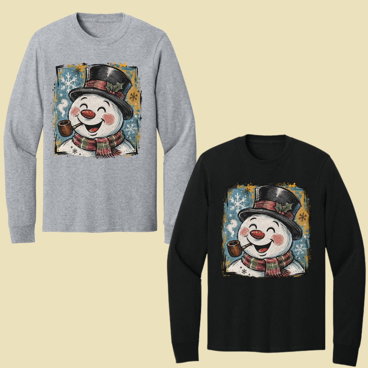 Vintage Snowman Christmas T-Shirt, Top Hat Pipe Snowflakes Scarf Comfort Color Tee