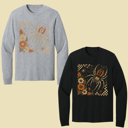 Vintage Fall Halloween Spider T-Shirt, Floral Spiderweb Checkered Spooky Season Tee