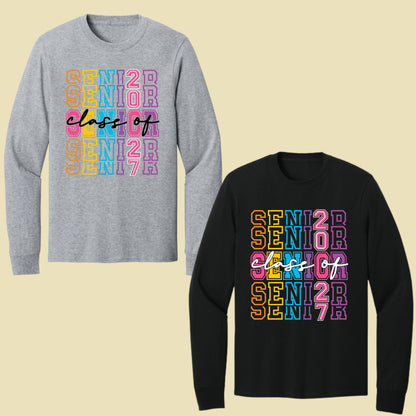 Senior Class of 2027 Colorful Retro T-Shirt, Stacked Varsity Letters Pastel Graduation Tee