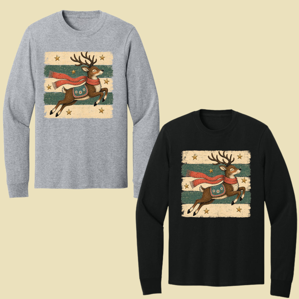 Vintage Christmas Reindeer T-Shirt, Flying Reindeer Scarf Retro Winter Comfort Color Tee