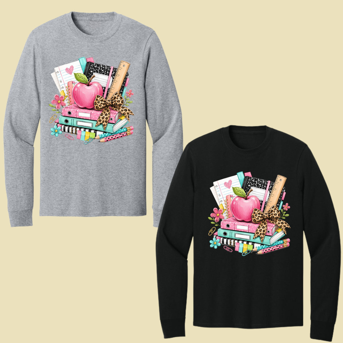 Pink Apple School Supplies T-Shirt, Books Leopard Bow Back to School Teacher Tee