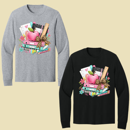 Pink Apple School Supplies T-Shirt, Books Leopard Bow Back to School Teacher Tee
