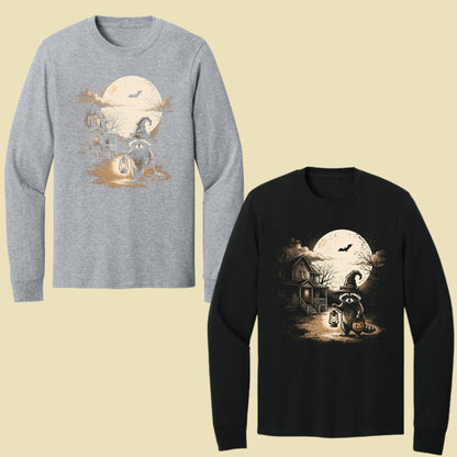 Vintage Halloween Mouse Witch T-Shirt, Full Moon Pumpkin House Sepia Trick or Treat Spooky Fall Tee