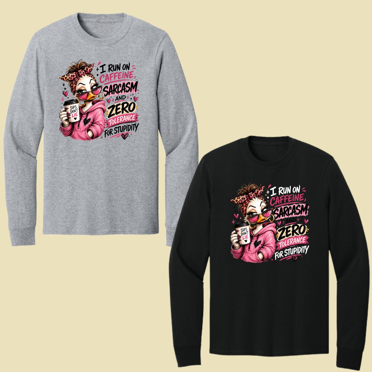 Funny Duck Caffeine T-Shirt, I Run on Caffeine Coffee Messy Bun Leopard Bow Women Tee
