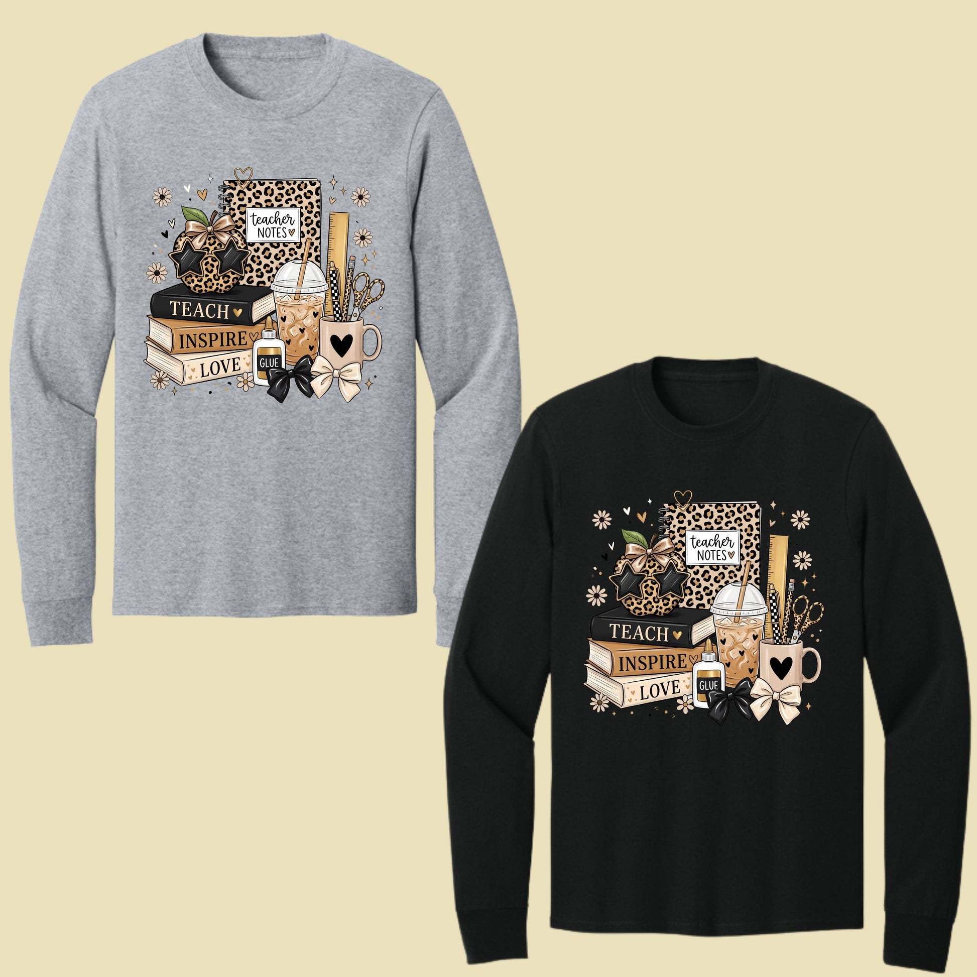 Teach Inspire Love Leopard Teacher T-Shirt, Notebook Coffee Iced Drink Comfort Color Tee