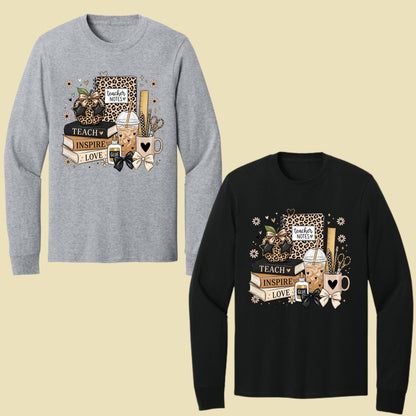 Teach Inspire Love Leopard Teacher T-Shirt, Notebook Coffee Iced Drink Comfort Color Tee