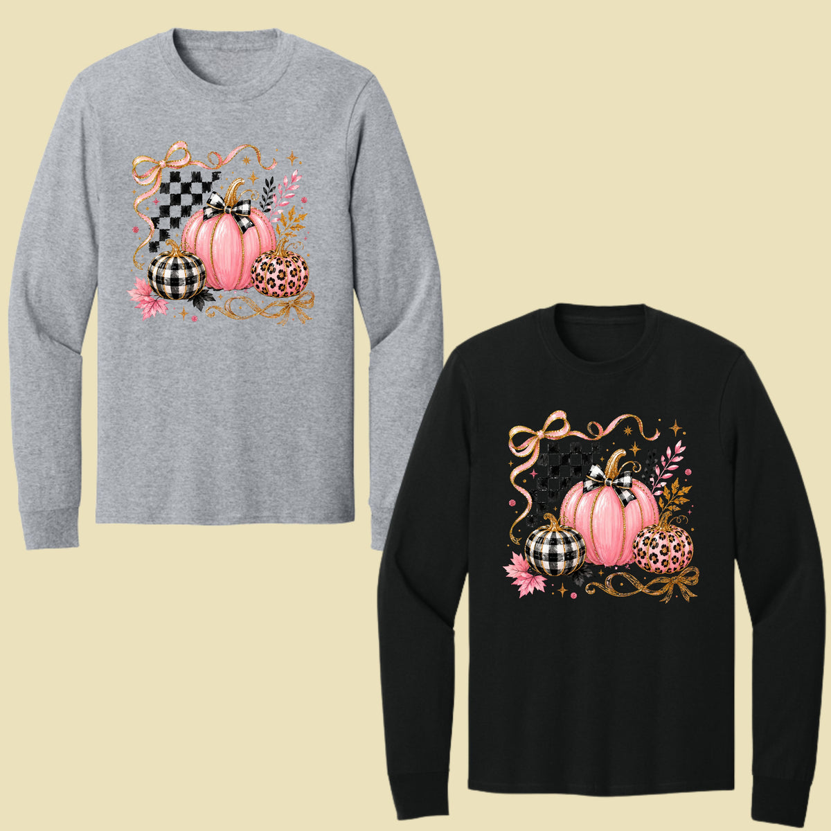 Pink Coquette Fall Pumpkin T-Shirt, Leopard Plaid Ribbon Bow Checkered Autumn Tee