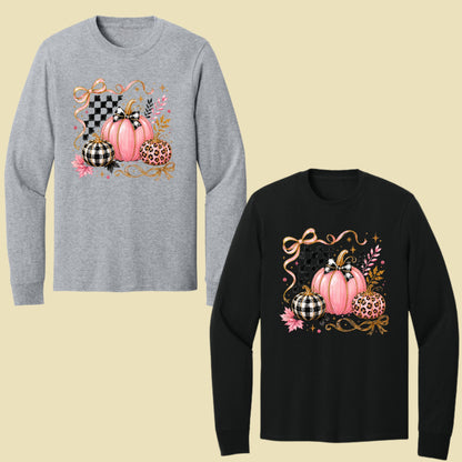 Pink Coquette Fall Pumpkin T-Shirt, Leopard Plaid Ribbon Bow Checkered Autumn Tee