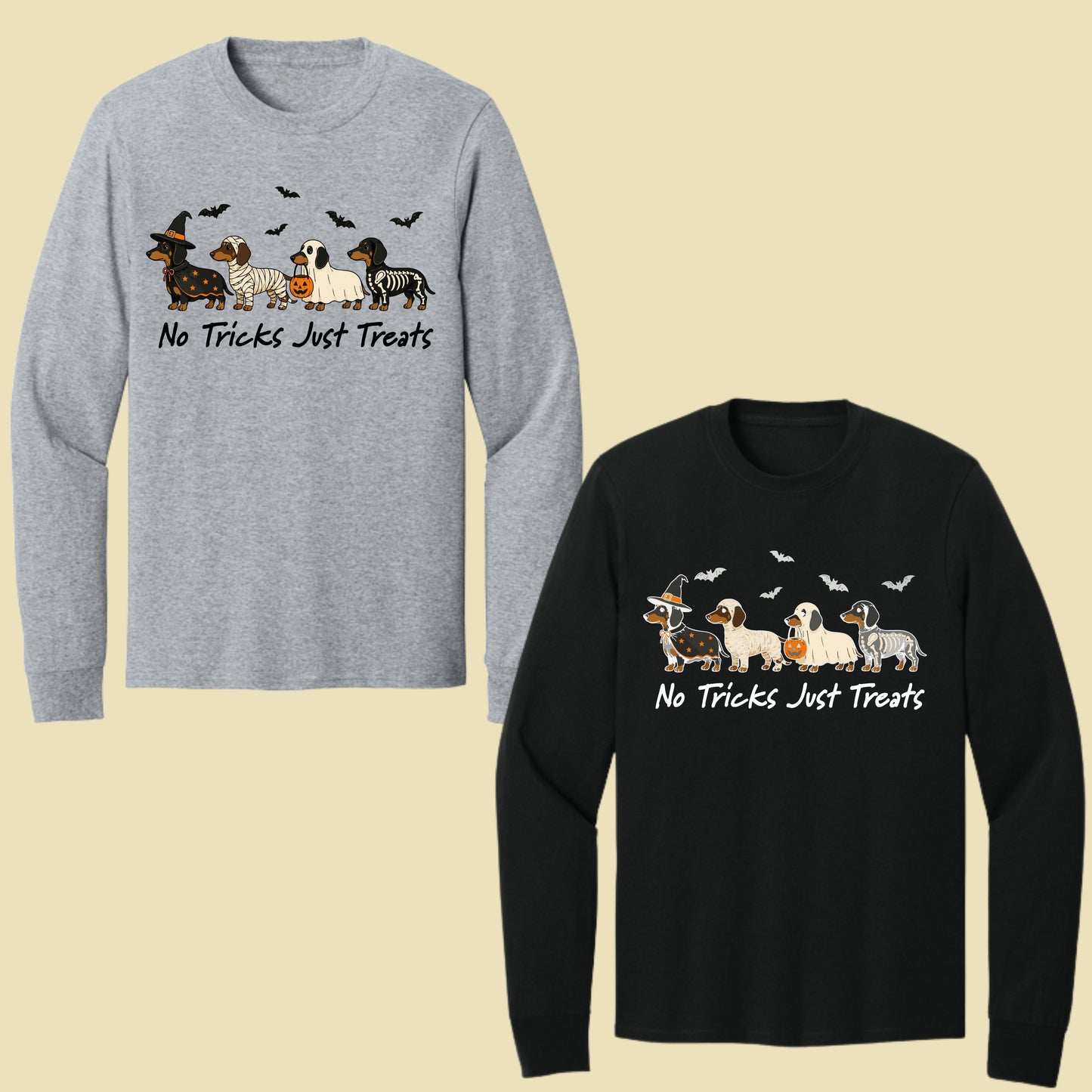 Dachshund Halloween Comfort Colors T Shirts No Tricks Just Treats Costume Tee Cute Ghost Mummy Witch Skeleton Dog Shirt Spooky Wiener Dog Hoodie