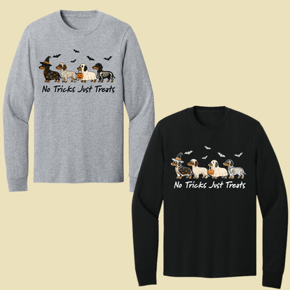 Dachshund Halloween Comfort Colors T Shirts No Tricks Just Treats Costume Tee Cute Ghost Mummy Witch Skeleton Dog Shirt Spooky Wiener Dog Hoodie