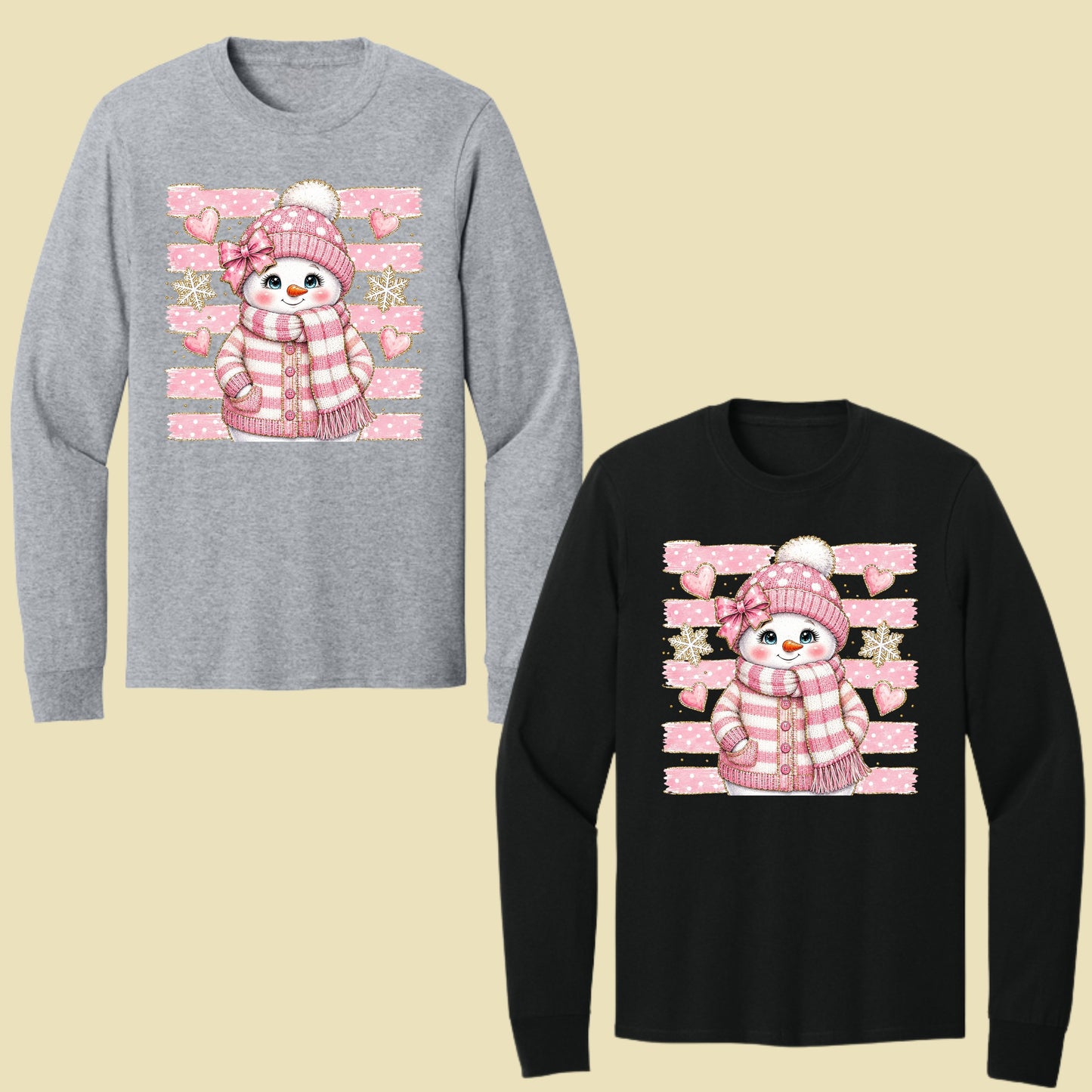 Cute Pink Snowgirl Winter T-Shirt, Snowman Beanie Bow Pink Stripes Hearts Tee