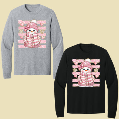 Cute Pink Snowgirl Winter T-Shirt, Snowman Beanie Bow Pink Stripes Hearts Tee